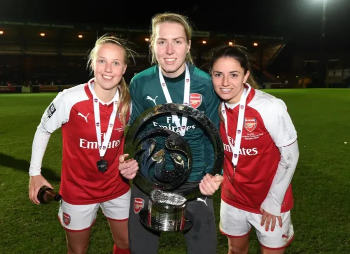Framed Print : Arsenal Women's Continental Cup Triumph: Van de Donk, Mead, and Moorhouse Celebrate with the Trophy