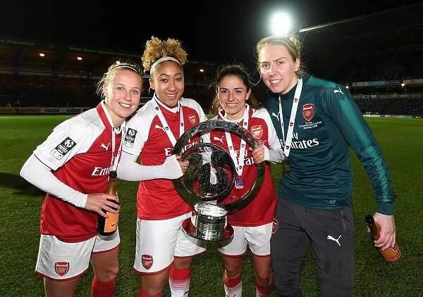 Arsenal Women's Continental Cup Victory: Beth Mead, Danielle van de Donk, Lauren James, and Anna Moorhouse Celebrate with the Trophy