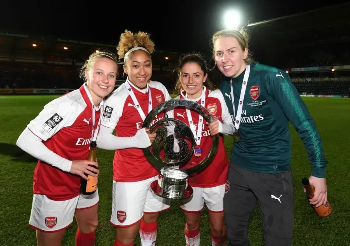 Framed Print : Arsenal Women's Continental Cup Victory: Beth Mead, Danielle van de Donk, Lauren James, and Anna Moorhouse Celebrate with the Trophy