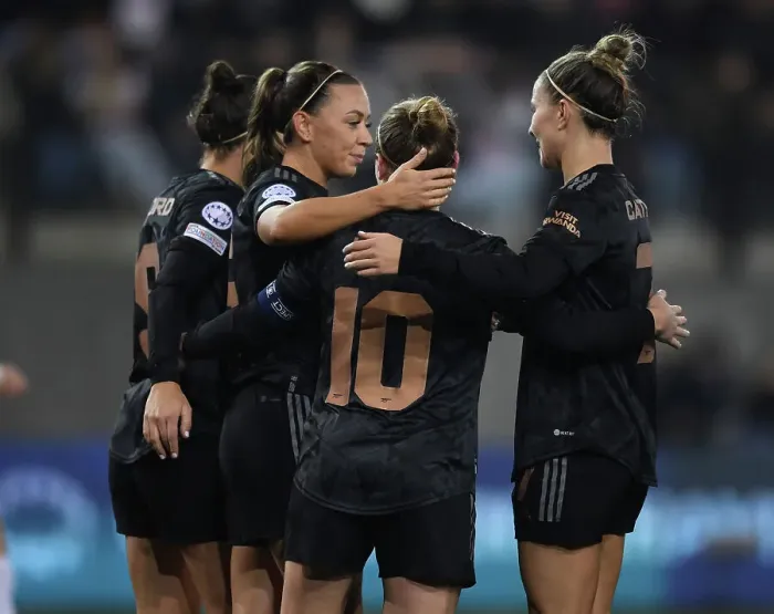 Framed Print : Arsenal Women's Dominance: Katie McCabe and Steph Catley Celebrate Kim Little's Goal vs. FC Zurich in UEFA Women's Champions League Framed Print : Arsenal Women's Dominance: Katie McCabe and Steph Catley Celebrate Kim Little's Goal vs. FC Zurich in UEFA Women's Champions League