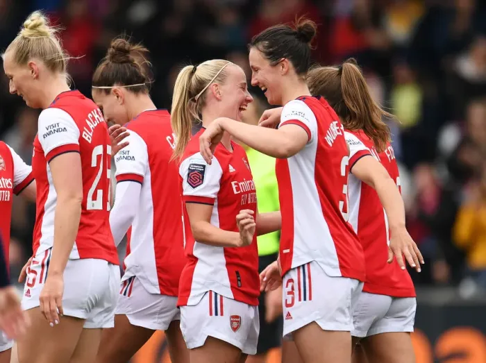Framed Print : Arsenal Women's Dominance: Lotte Wubben-Moy and Beth Mead Celebrate Fifth Goal vs. Aston Villa in FA WSL Framed Print : Arsenal Women's Dominance: Lotte Wubben-Moy and Beth Mead Celebrate Fifth Goal vs. Aston Villa in FA WSL