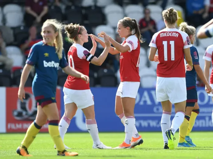 Framed Print : Arsenal Women's Dominance: McCabe and Little Celebrate Third Goal Against West Ham United Framed Print : Arsenal Women's Dominance: McCabe and Little Celebrate Third Goal Against West Ham United