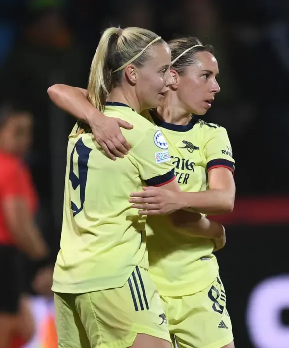 Framed Print : Arsenal Women's Dominance: Nobbs and Mead Celebrate Five-Goal Blitz Against HB Koge in Champions League