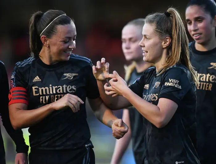 Framed Print : Arsenal Women's Dominance: Pelova and McCabe Celebrate Four-Goal Blitz Against Brighton & Hove Albion Framed Print : Arsenal Women's Dominance: Pelova and McCabe Celebrate Four-Goal Blitz Against Brighton & Hove Albion