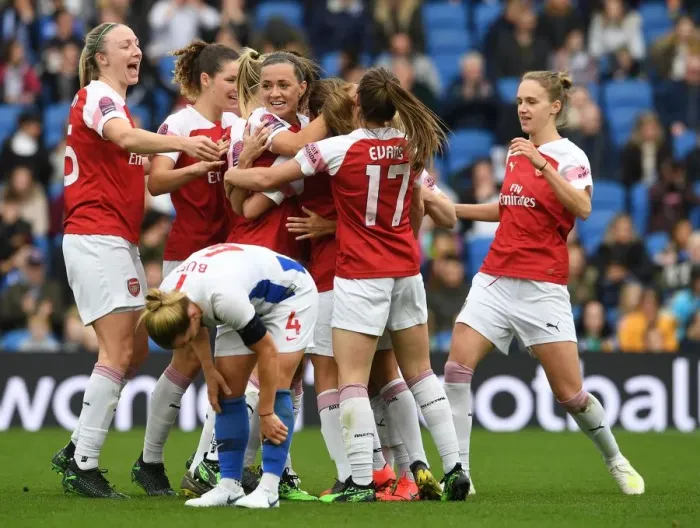Framed Print : Arsenal Women's Dominance: Van de Donk, Quinn, McCabe, and Miedema Celebrate Goals Against Brighton & Hove Albion Women Framed Print : Arsenal Women's Dominance: Van de Donk, Quinn, McCabe, and Miedema Celebrate Goals Against Brighton & Hove Albion Women