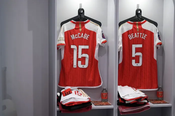 Framed Print : Arsenal Women's Dressing Room: Katie McCabe and Jennifer Beattie Prepare for Arsenal v Aston Villa (2022-23)