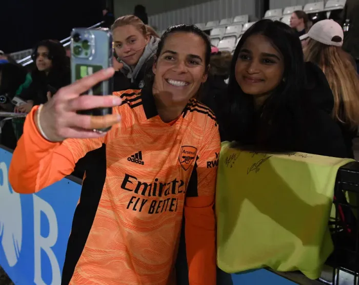 Framed Print : Arsenal Women's FA Cup Quarterfinal: Unforgettable Selfie between Lydia Williams and a Fan Celebrating Victory