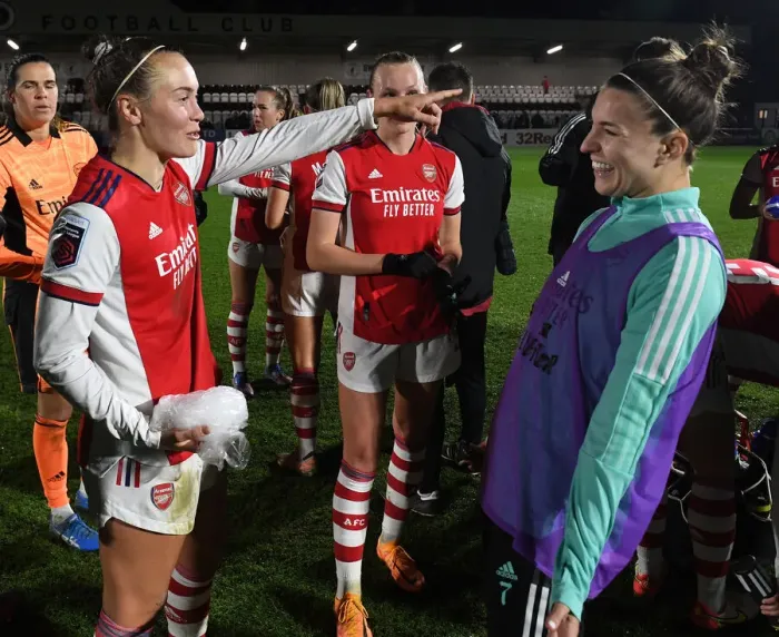 Framed Print : Arsenal Women's FA Cup Triumph: Caitlin Foord and Steph Catley Celebrate Quarterfinal Victory