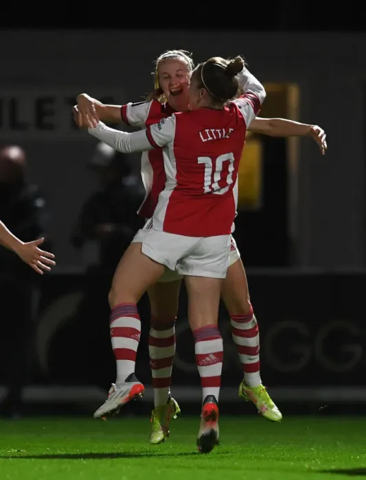 Framed Print : Arsenal Women's FA Cup Triumph: Kim Little and Beth Mead Celebrate Historic First Goal vs. Brighton & Hove Albion