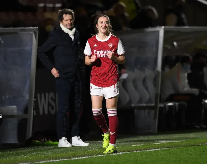 Framed Print : Arsenal Women's FA WSL Match vs Manchester United Women: Lisa Evans Substitution in Empty Meadow Park, 2021