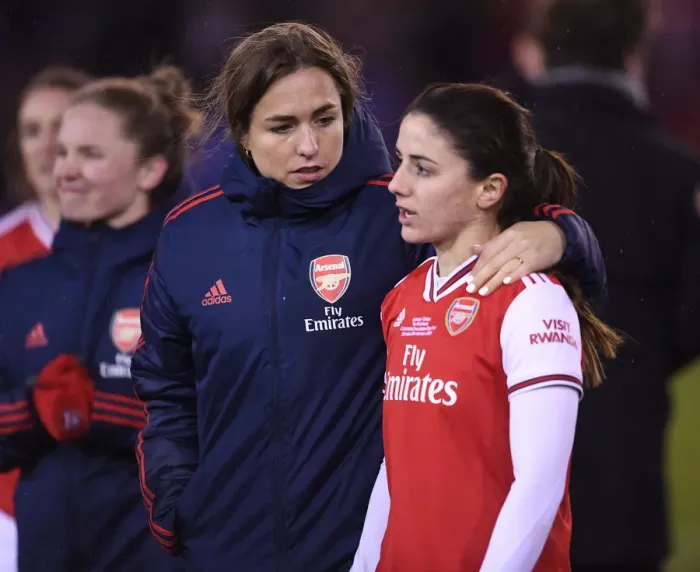 Framed Print : Arsenal Women's Heartbreak: Lia Walti Consoles Van de Donk after FA Womens Continental League Cup Final Loss to Chelsea Framed Print : Arsenal Women's Heartbreak: Lia Walti Consoles Van de Donk after FA Womens Continental League Cup Final Loss to Chelsea
