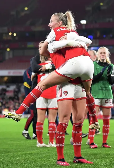 Framed Print : Arsenal Women's Historic Champions League Victory: Leah Williamson and Stina Blackstenius Embrace Triumph Over Bayern Munich