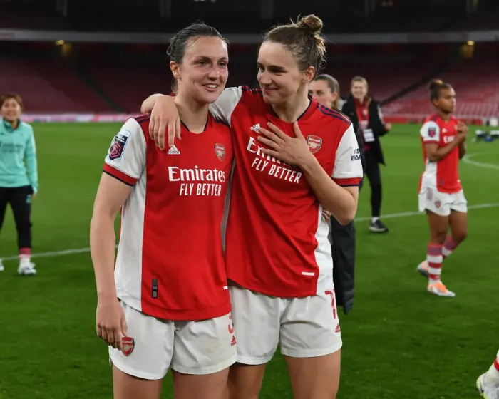 Framed Print : Arsenal Women's Historic Championship Victory: Lotte Wubben-Moy and Vivianne Miedema Celebrate Title Triumph