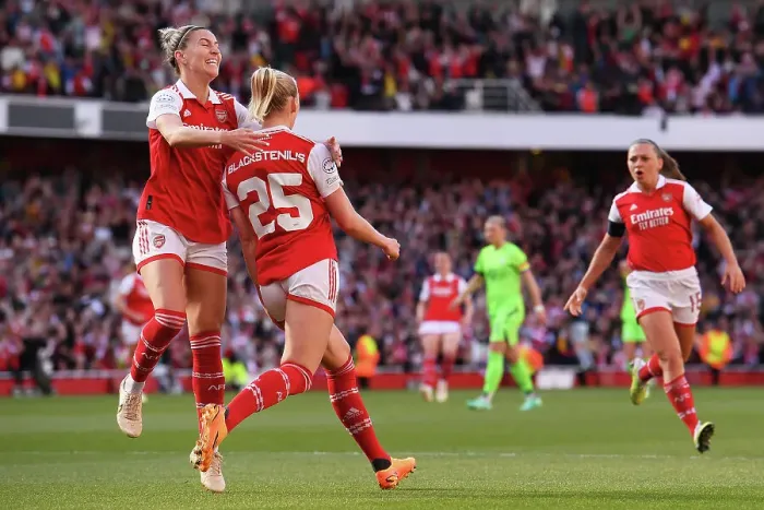 Framed Print : Arsenal Women's Historic European Victory: Stina Blackstenius Scores the Opener in Champions League Semifinal vs. VfL Wolfsburg Framed Print : Arsenal Women's Historic European Victory: Stina Blackstenius Scores the Opener in Champions League Semifinal vs. VfL Wolfsburg