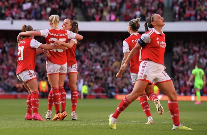 Framed Print : Arsenal Women's Historic European Victory: Stina Blackstenius Scores the First Goal in Champions League Semifinal Against VfL Wolfsburg Framed Print : Arsenal Women's Historic European Victory: Stina Blackstenius Scores the First Goal in Champions League Semifinal Against VfL Wolfsburg