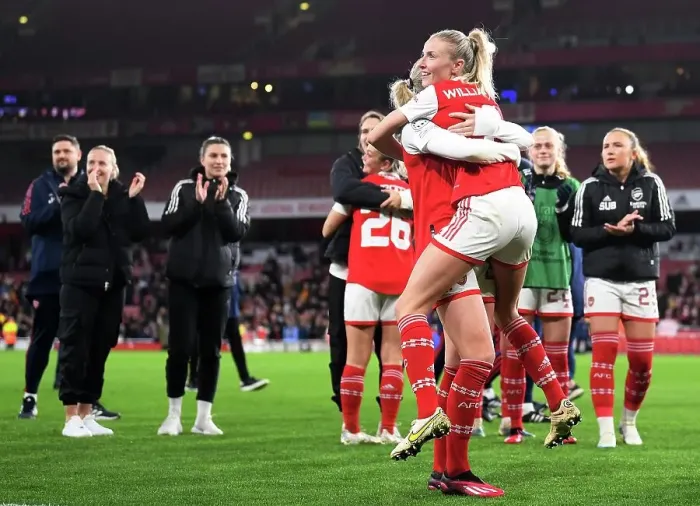 Framed Print : Arsenal Women's Historic Victory: Leah Williamson and Stina Blackstenius Embrace After Defeating FC Bayern Munchen in UEFA Champions League Quarter-Finals Framed Print : Arsenal Women's Historic Victory: Leah Williamson and Stina Blackstenius Embrace After Defeating FC Bayern Munchen in UEFA Champions League Quarter-Finals