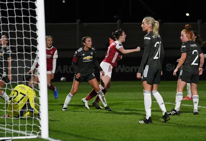 Framed Print : Arsenal Women's Historic Victory: Lotte Wubben-Moy Scores Second Goal Against Manchester United in Empty Meadow Park Framed Print : Arsenal Women's Historic Victory: Lotte Wubben-Moy Scores Second Goal Against Manchester United in Empty Meadow Park