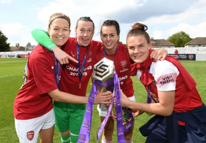 Framed Print : Arsenal Women's Historic WSL Title Win: Celebrating with Janni Arnth, Pauline Peyraud-Magnin, Viki Schnaderbeck, and Katrine Veje