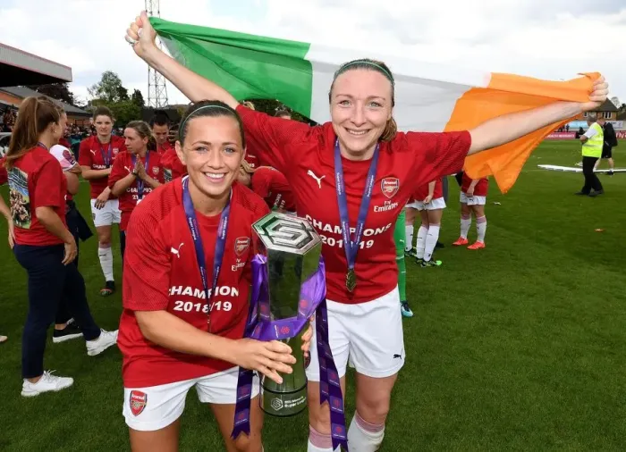 Framed Print : Arsenal Women's Historic WSL Title Win: Quinn and McCabe Lift the Trophy Framed Print : Arsenal Women's Historic WSL Title Win: Quinn and McCabe Lift the Trophy