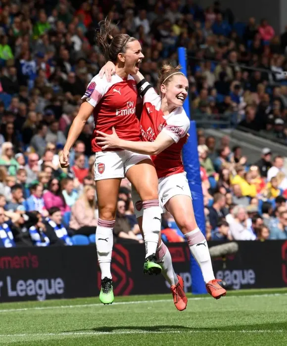 Framed Print : Arsenal Women's Katie McCabe and Kim Little Celebrate Goal Against Brighton & Hove Albion Women
