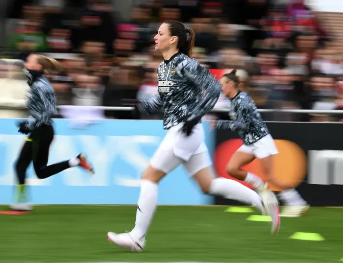 Framed Print : Arsenal Women's Laia Codina Pre-Match Warm-Up vs. Watford Women at Meadow Park