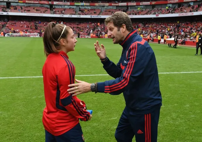 Framed Print : Arsenal Women's Manager Joe Montemurro Discusses Emirates Cup Match with Ruby Grant after Arsenal vs. Bayern Munich Framed Print : Arsenal Women's Manager Joe Montemurro Discusses Emirates Cup Match with Ruby Grant after Arsenal vs. Bayern Munich