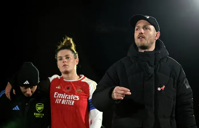 Framed Print : Arsenal Women's Manager Jonas Eidevall Interacts with Players after Conti Cup Match vs. Bristol City