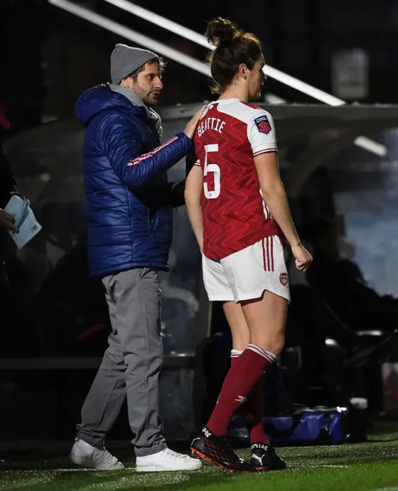 Framed Print : Arsenal Women's Manager Montemurro Gives Instructions in Empty Stands: Arsenal vs. Tottenham (FA WSL Cup)