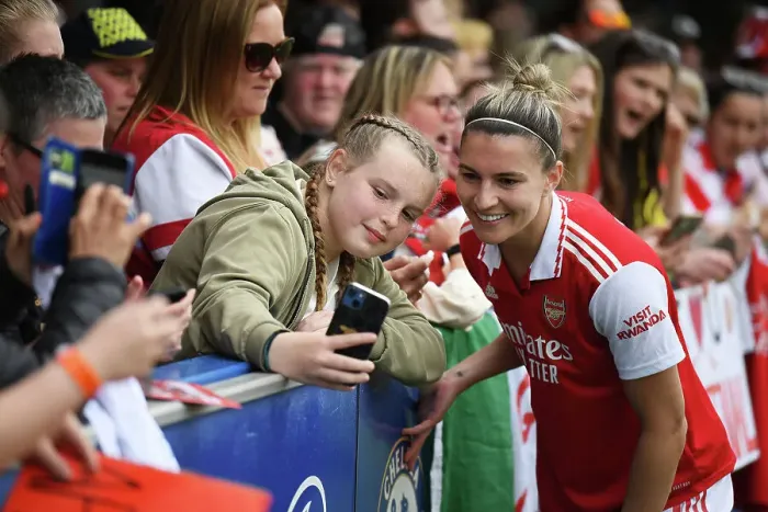 Framed Print : Arsenal Women's Player Steph Catley Interacts with Fan after Chelsea Match