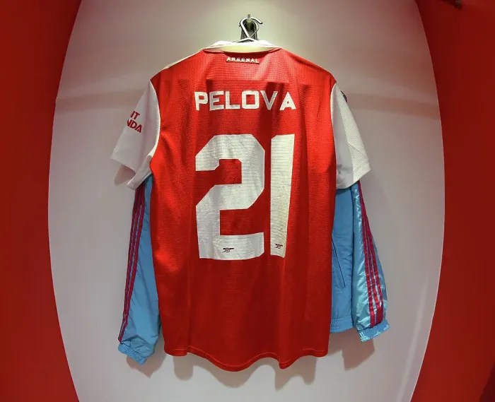 Framed Print : Arsenal Women's Pre-Match Focus: Victoria Pelova's Shirt in the Dressing Room (UEFA Champions League Semifinal 2nd Leg)