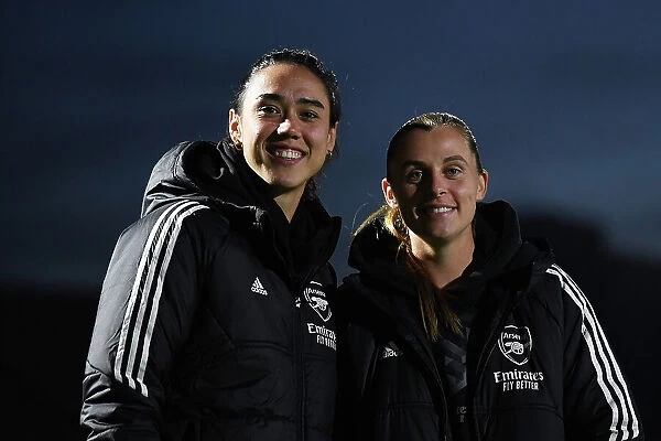 Arsenal Women's Pre-Match Inspection: Goalkeepers Zinsberger and Maritz Check Pitch Conditions at Meadow Park (2022-23 Season)