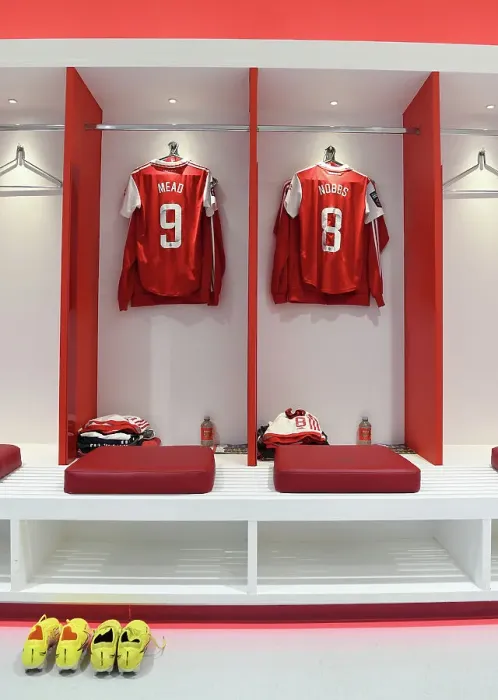 Framed Print : Arsenal Women's Pre-Match Preparation: Gearing Up in the Emirates Stadium Changing Room Before the Manchester United Clash (2022-23)
