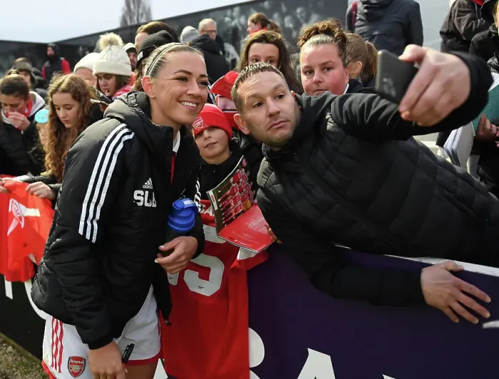 Framed Print : Arsenal Women's Star Katie McCabe Takes a Selfie with Fan after Arsenal v Everton FC Match