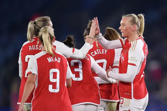Framed Print : Arsenal Women's Super League Dominance: Stina Blackstenius Scores Fifth Goal in Leicester Rout