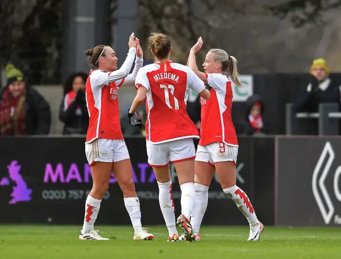 Framed Print : Arsenal Women's Super League: Triumphant Celebration as Mead, Foord, and Miedema Score Against Everton Framed Print : Arsenal Women's Super League: Triumphant Celebration as Mead, Foord, and Miedema Score Against Everton