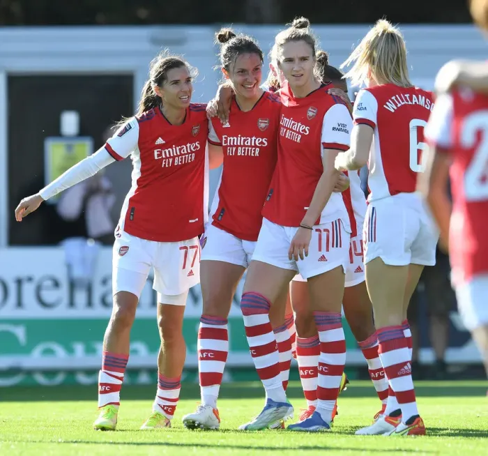 Framed Print : Arsenal Women's Super League Victory: Lotte Wubben-Moy Scores Second Goal Amidst Celebrations with Tobin Heath and Vivianne Miedema