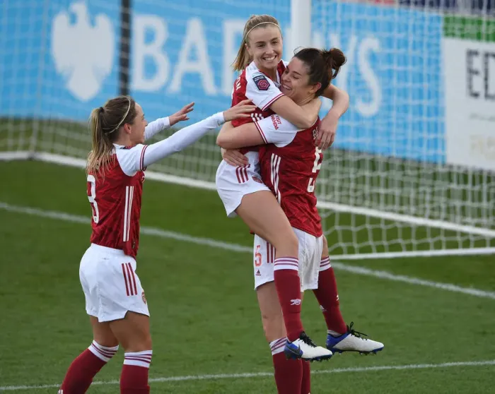 Framed Print : Arsenal Women's Super League Victory: Beattie, Williamson, and Nobbs Celebrate 3-Goal Lead Over Everton
