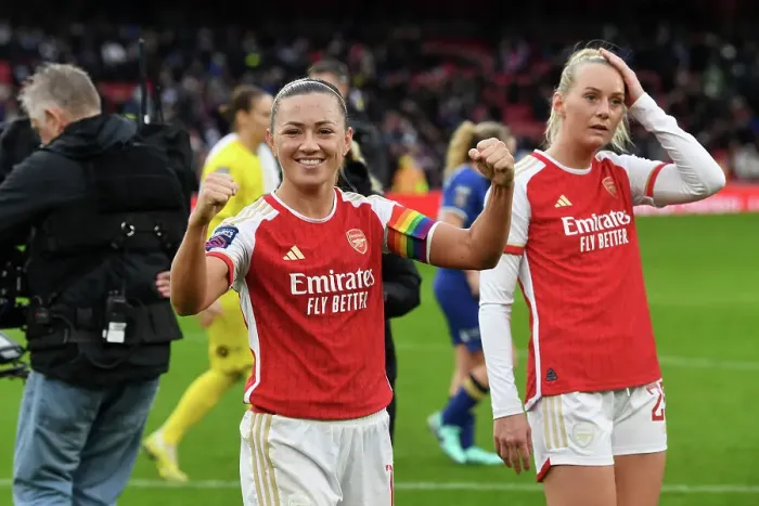 Framed Print : Arsenal Women's Super League Victory: Katie McCabe Celebrates Over Chelsea FC at Emirates Stadium (2023-24)