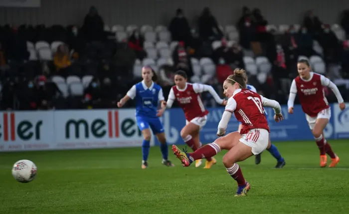Framed Print : Arsenal Women's Super League Victory: Kim Little Scores Decisive Penalty against Birmingham City