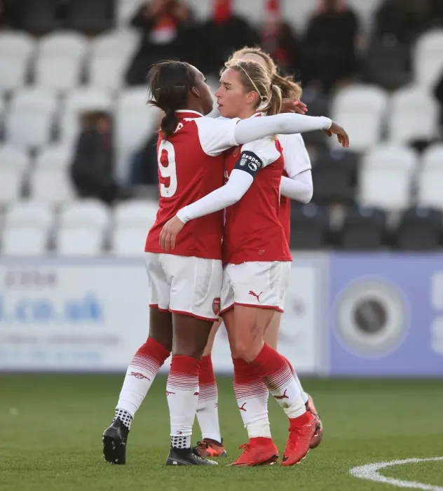Framed Print : Arsenal Women's Super League Victory: Nobbs and Carter Celebrate Goals Against Sunderland