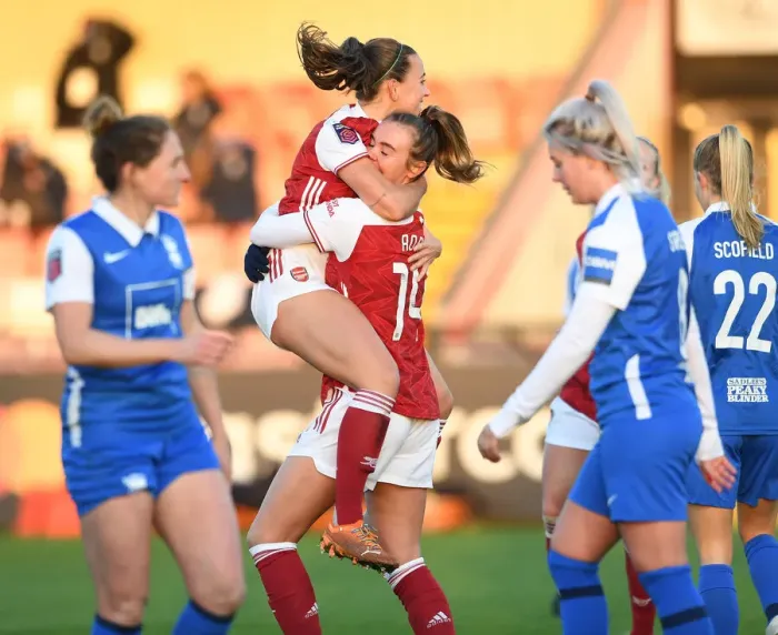 Framed Print : Arsenal Women's Super League Victory: Roord and McCabe Celebrate Goal Scoring Moment against Birmingham City