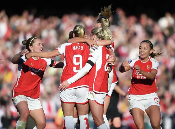 Framed Print : Arsenal Women's Team Celebrate Goals Against Aston Villa in 2023-24 Barclays Women's Super League
