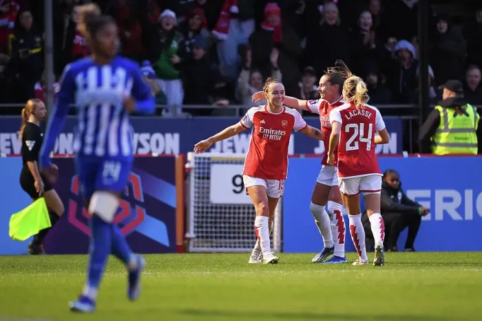 Framed Print : Arsenal Women's Team Celebrates Caitlin Foord's Goal Against Brighton & Hove Albion in Barclays WSL (2023-24)