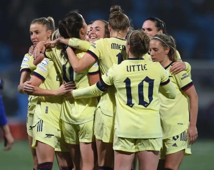 Framed Print : Arsenal Women's Team Celebrates Goal Scorer Anna Patten After Netting Fourth Goal Against HB Koge in UEFA Women's Champions League