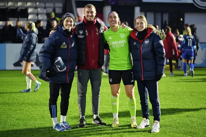Framed Print : Arsenal Women's Team: Celebrating Victory Over West Ham United - Sabrina D'Angelo, Manuela Zinsberger, Reece Ottley, and Naomi Williams