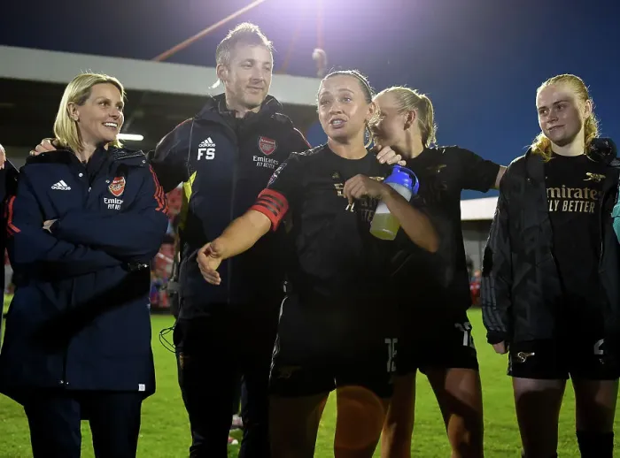 Framed Print : Arsenal Women's Team Gather After Match Against Brighton & Hove Albion in FA WSL Framed Print : Arsenal Women's Team Gather After Match Against Brighton & Hove Albion in FA WSL