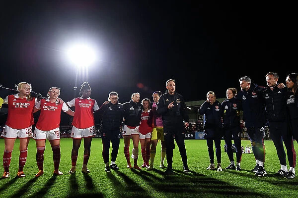 Arsenal Women's Team: Head Coach Jonas Eidevall Motivates Players After Arsenal v Leicester City Match, FA Women's Super League 2022-23