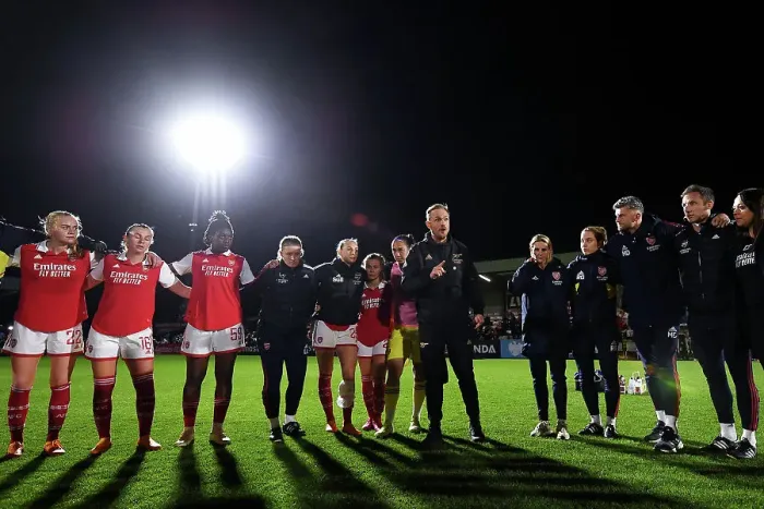 Framed Print : Arsenal Women's Team: Head Coach Jonas Eidevall Motivates Players After Arsenal v Leicester City Match, FA Women's Super League 2022-23