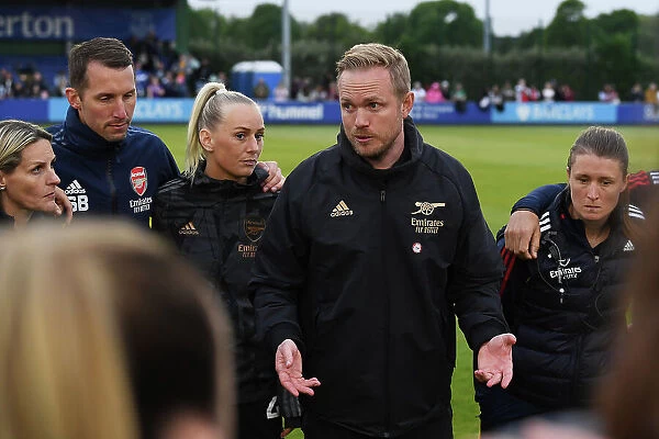 Arsenal Women's Team Huddle with Coach Jonas Eidevall after Everton FC Match