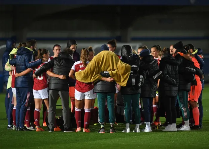Framed Print : Arsenal Women's Team in Huddle after Continental Cup Match against Chelsea Women Framed Print : Arsenal Women's Team in Huddle after Continental Cup Match against Chelsea Women